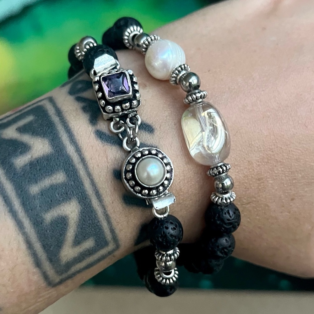 Genuine Gemstones bracelets set amethyst , pearl &  aura crystal + lava rock - Picture 12 of 16